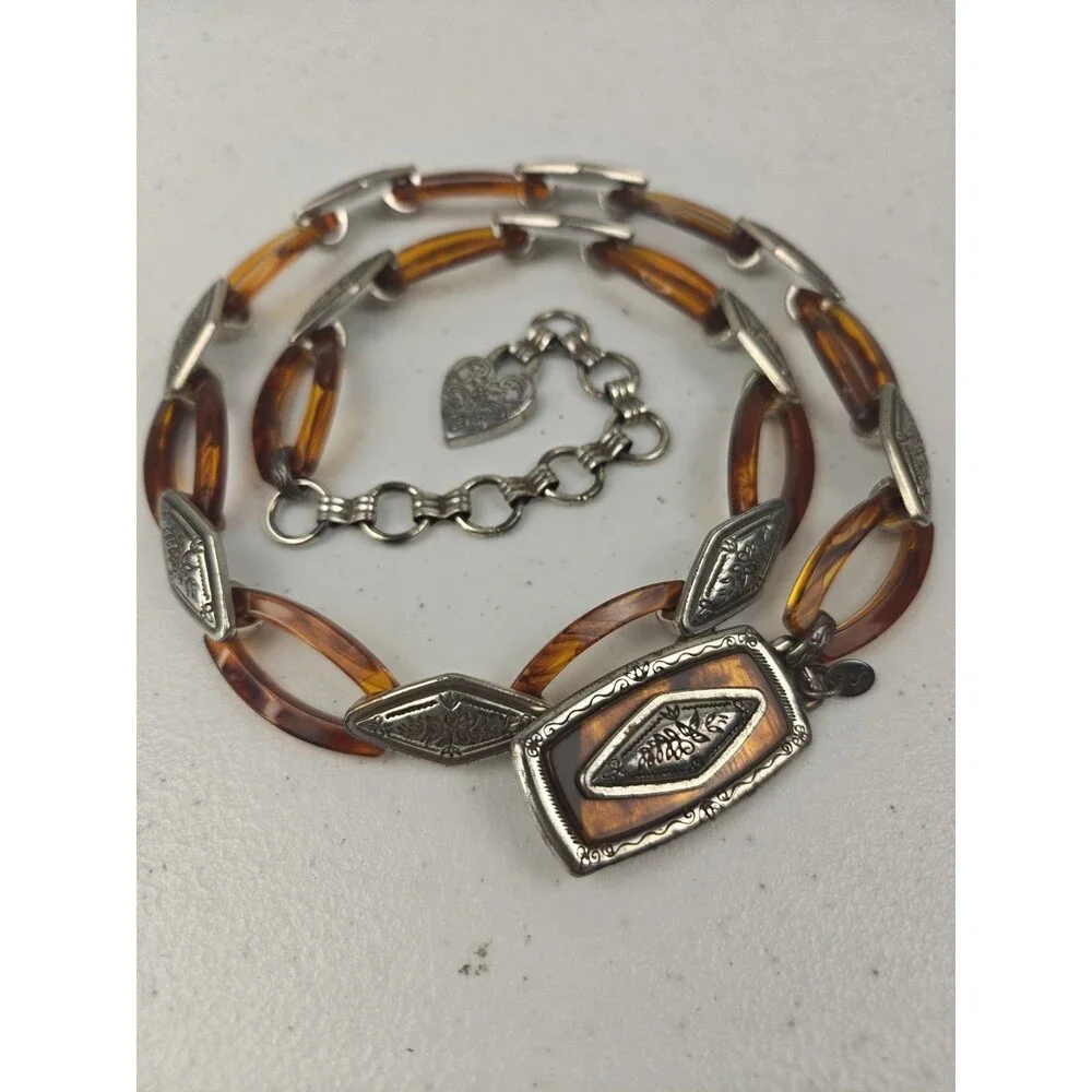 Vintage Women Brighton  32” Silver & Tortoise Lucite Chain Link Hobo Hippie Belt